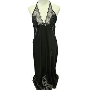 Fredericks of hollywood black lace maxi slip lingerie gown slit Whimsigoth large